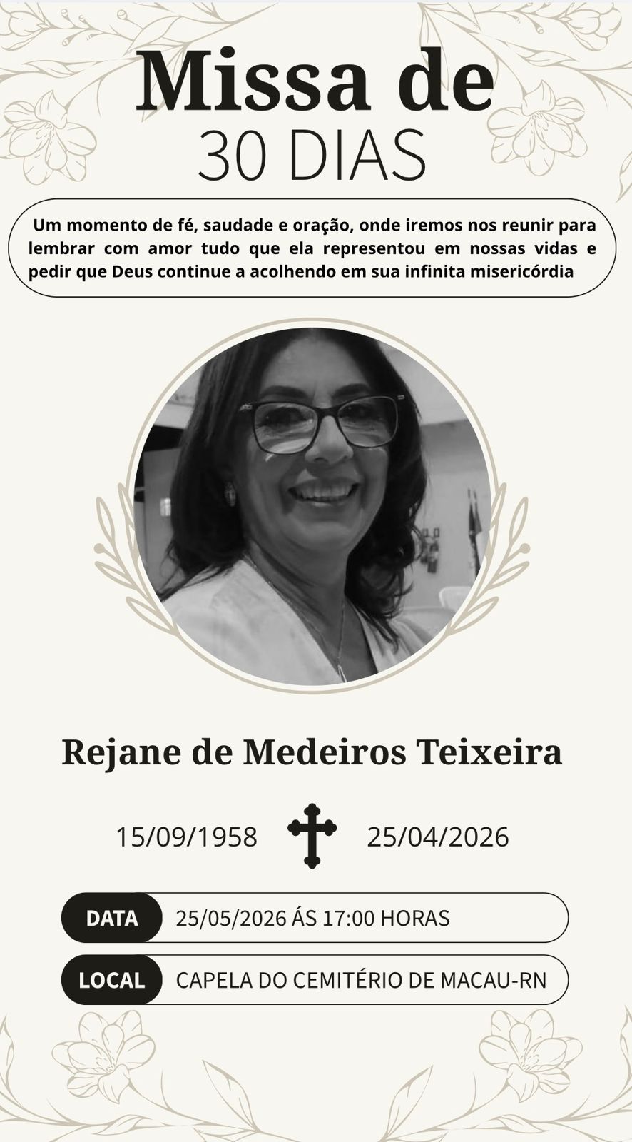 Missa de 30 dias de Rejane de Medeiros Teixeira